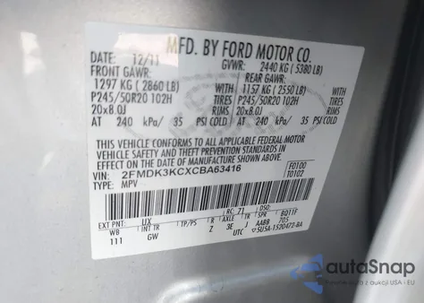 2012 Ford Edge Limited z USA, uszkodzony, nr VIN 2FMDK3KCXCBA63416